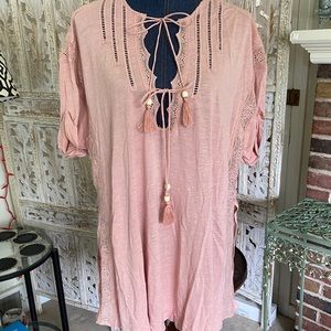 Free People Pink Tie Tunic w/Crochet Detail S NWT